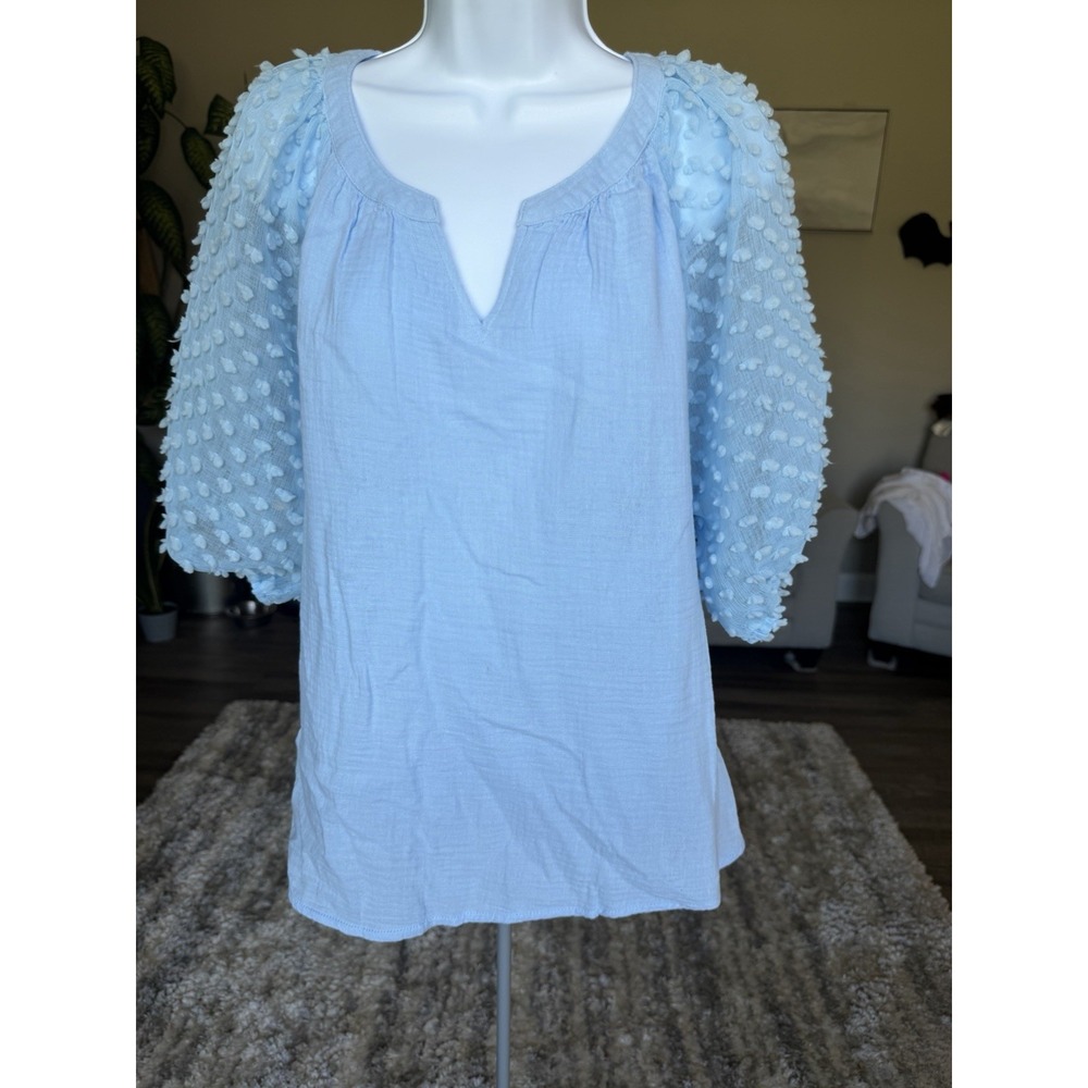 Umgee Light Blue Gauze Swiss Dot Puff Sleeve Blouse L R0038 Boho Chic
